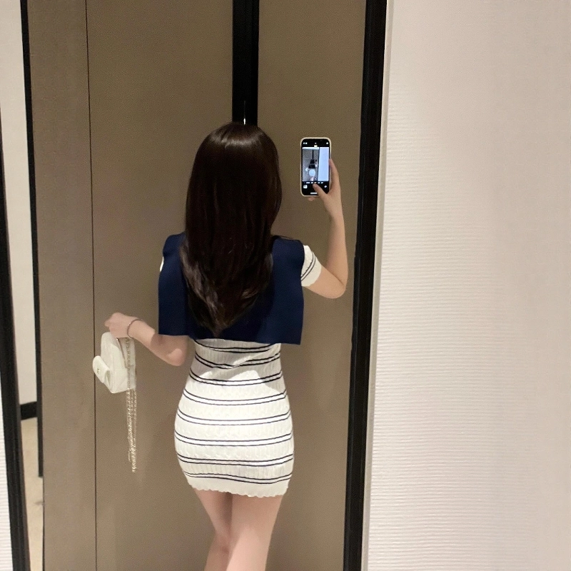 格子苔 纯欲性感针织女夏季修身显瘦条纹包臀短裙披肩套装 短袖连衣裙 女款