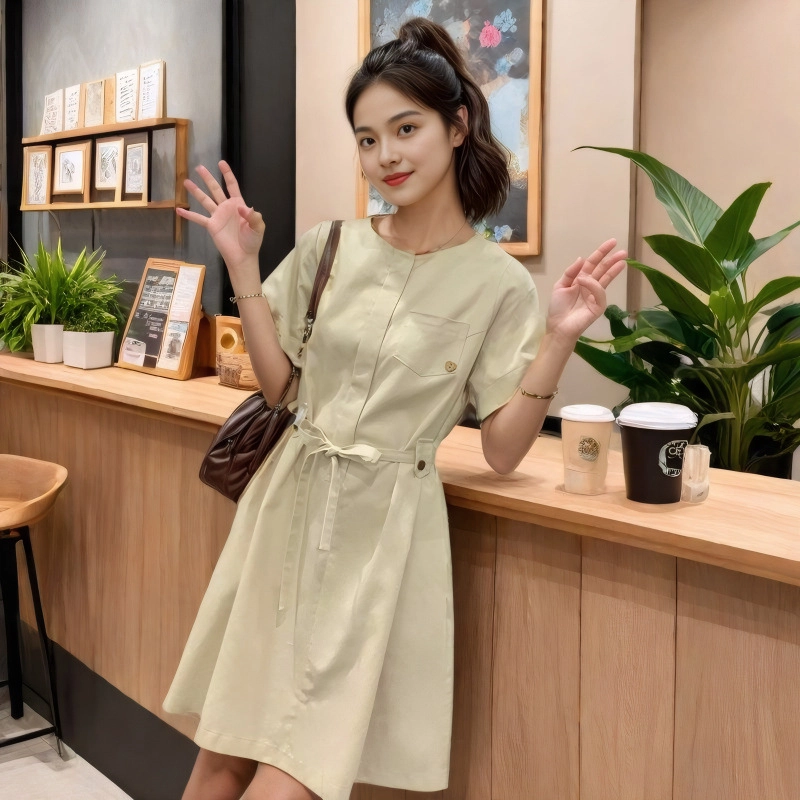 格子苔 韩系简约女夏小个子显瘦显高小清新收腰短袖连衣裙 女款