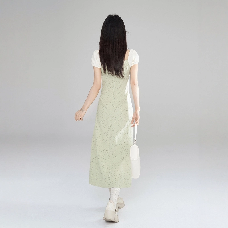 格子苔 方领女夏季收腰显瘦气质拼色长裙子短袖连衣裙 女款