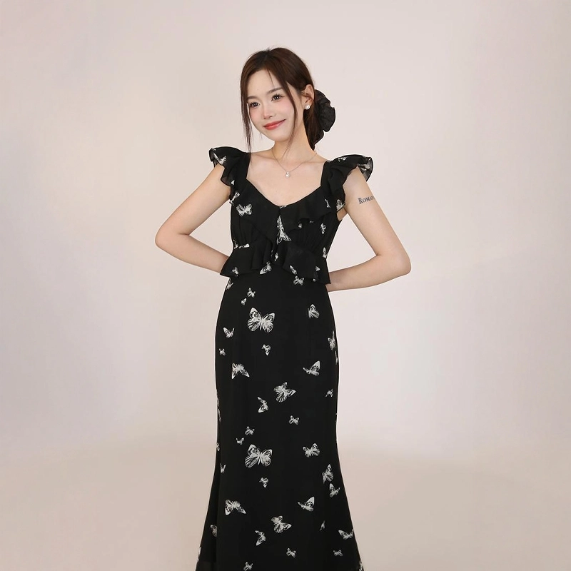 格子苔 高级感法式小飞袖碎花穿搭收腰简约短袖连衣裙 女款