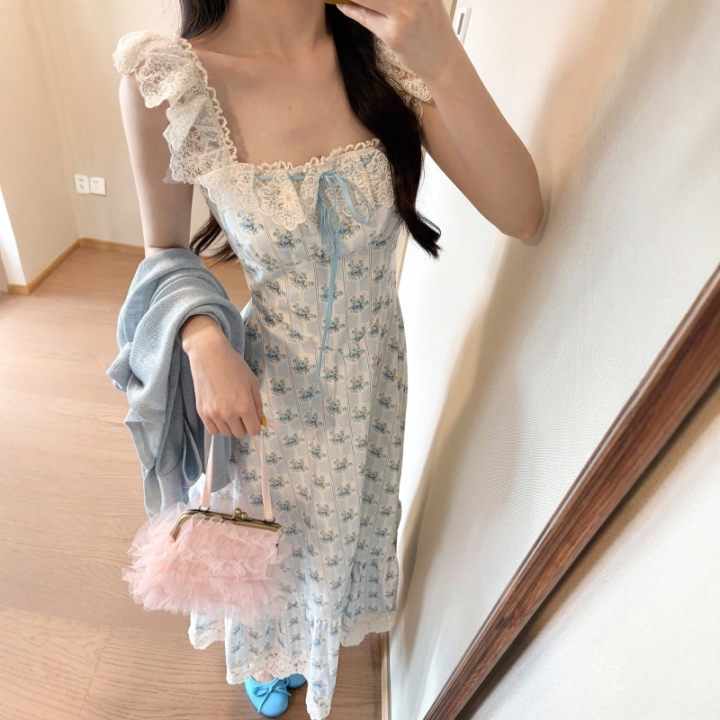 格子苔 蕾丝吊带碎花子气质绝美海边度假风长裙无袖连衣裙 女款