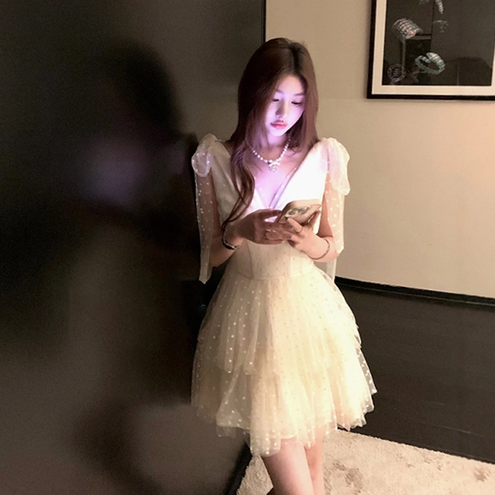 格子苔 法式波点裙夏高级感网纱蓬蓬鱼骨无袖连衣裙 女款