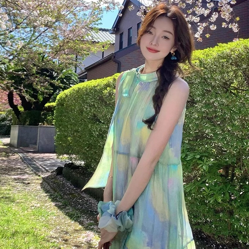 格子苔 夏季扎染绑带蓬蓬裙高级感小众宽松显瘦少女初恋气质女无袖连衣裙 女款
