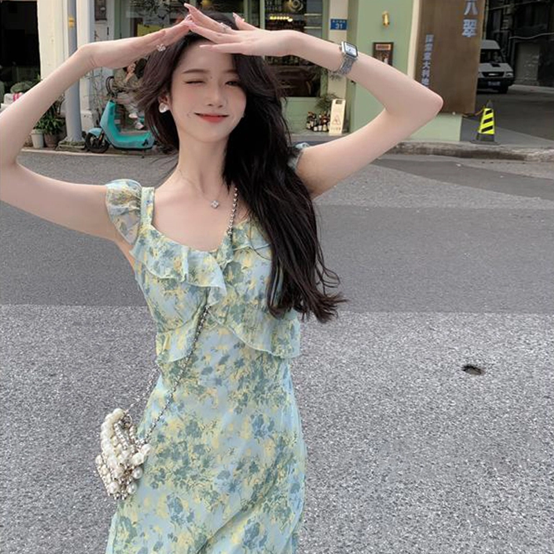 格子苔 法式碎花夏季海边度假沙滩长裙短袖连衣裙 女款