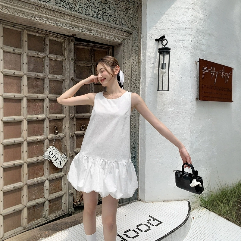 格子苔 法式花苞子小个子背心小众蓬蓬无袖连衣裙 女款