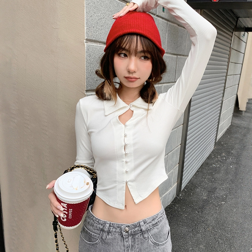 格子苔 设计感小众辣妹修身短款长袖内搭紧身衬衣上衣针织衫 女款