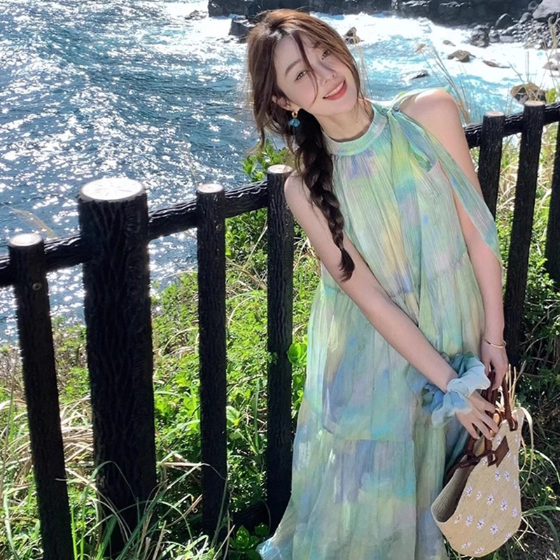 格子苔 夏季扎染绑带蓬蓬裙高级感小众宽松显瘦少女初恋气质女无袖连衣裙 女款