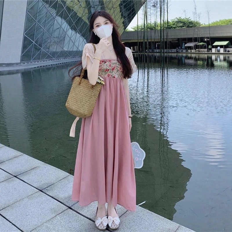 格子苔 汉服仙气温婉小众高级复古气质古风日常垂感长裙短袖连衣裙 女款