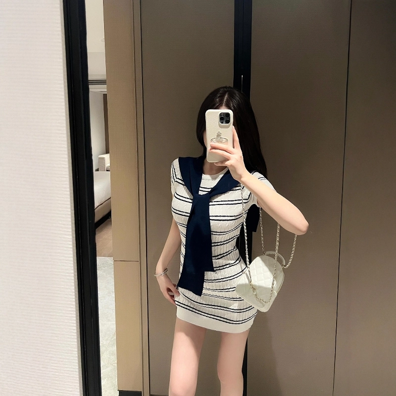 格子苔 纯欲性感针织女夏季修身显瘦条纹包臀短裙披肩套装 短袖连衣裙 女款