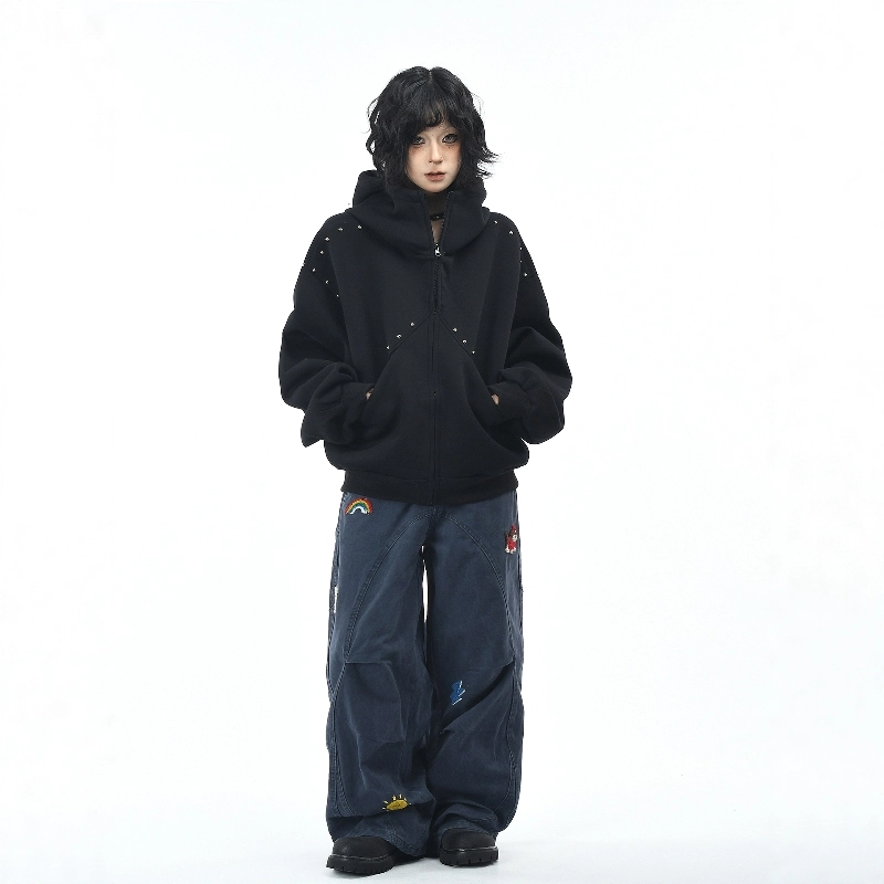 零氏 美式高街杜宾犬耳朵铆钉宽松慵懒风纯色简约情侣连帽短款外套卫衣 男女同款