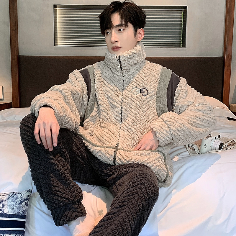 宜而爽 长裤长袖立领设计舒适亲肤柔软简约休闲可外穿家居服睡衣套装 男款 图片色