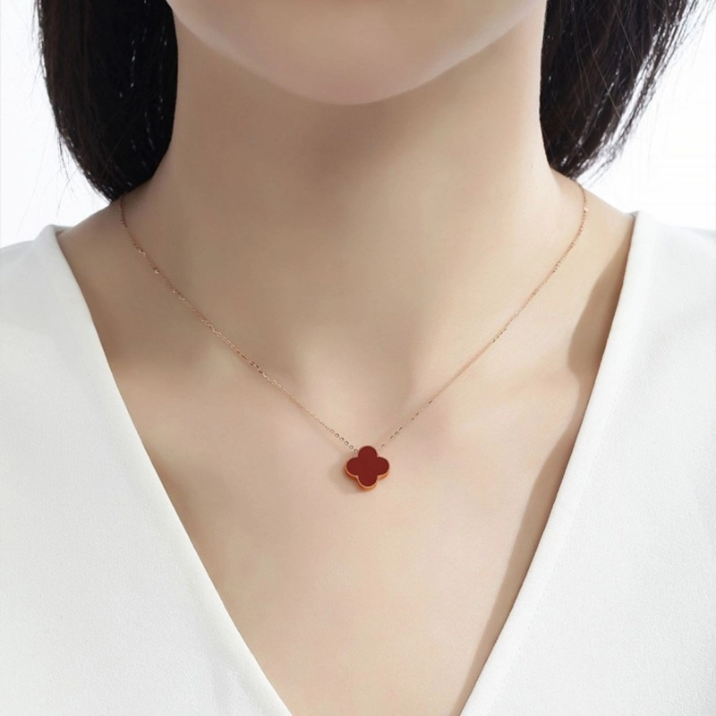 水贝 幸运四叶草 双面佩戴设计花朵甜美少女可爱新中式国潮日常通勤百搭 玛瑙 足银项链 女款