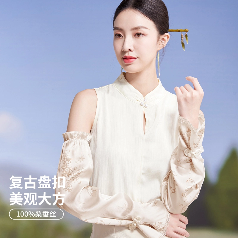红豆 真丝春夏缎面印花宽松复古遮阳袖套 桑蚕丝 防晒袖 女款