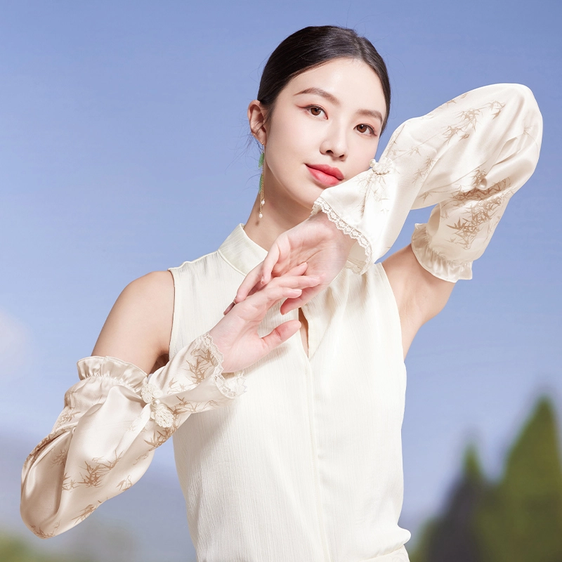 红豆 真丝春夏缎面印花宽松复古遮阳袖套 桑蚕丝 防晒袖 女款