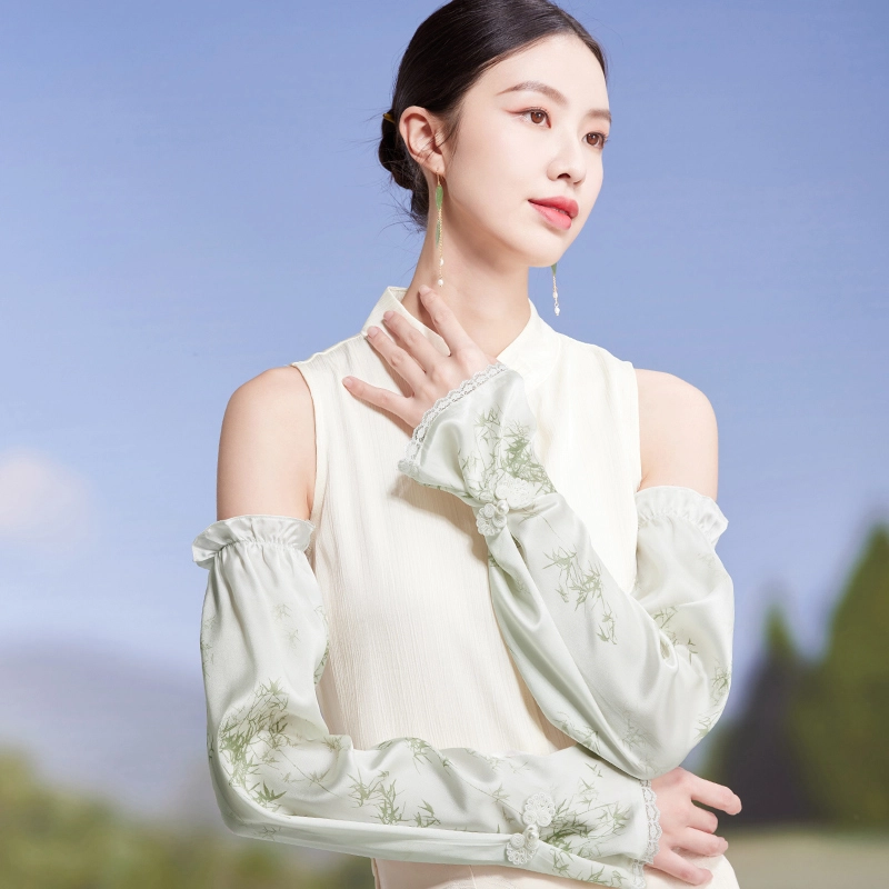红豆 真丝春夏缎面印花宽松复古遮阳袖套 桑蚕丝 防晒袖 女款