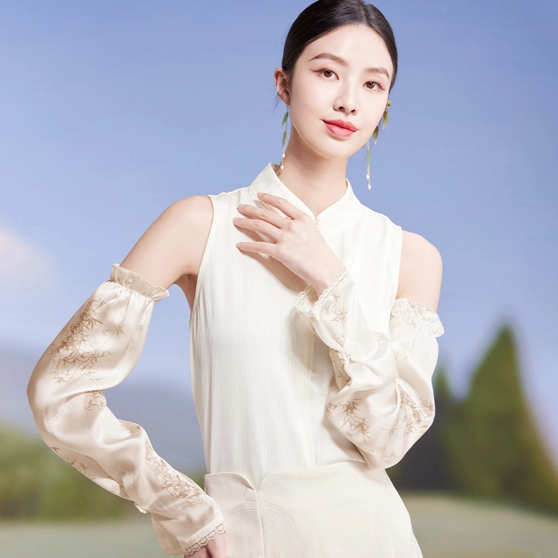 红豆 真丝春夏缎面印花宽松复古遮阳袖套 桑蚕丝 防晒袖 女款
