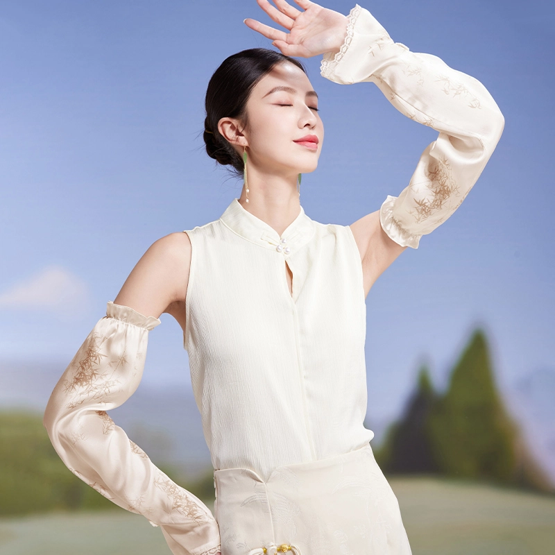 红豆 真丝春夏缎面印花宽松复古遮阳袖套 桑蚕丝 防晒袖 女款