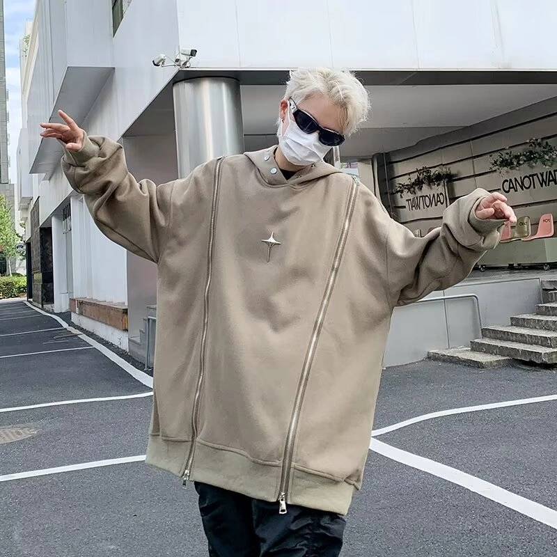悍戈 美式时尚酷炫双拉链设计感连帽重磅嘻哈风高街感卫衣 男女同款