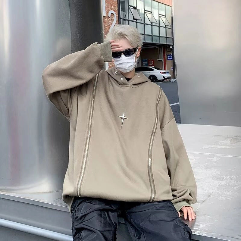 悍戈 美式时尚酷炫双拉链设计感连帽重磅嘻哈风高街感卫衣 男女同款