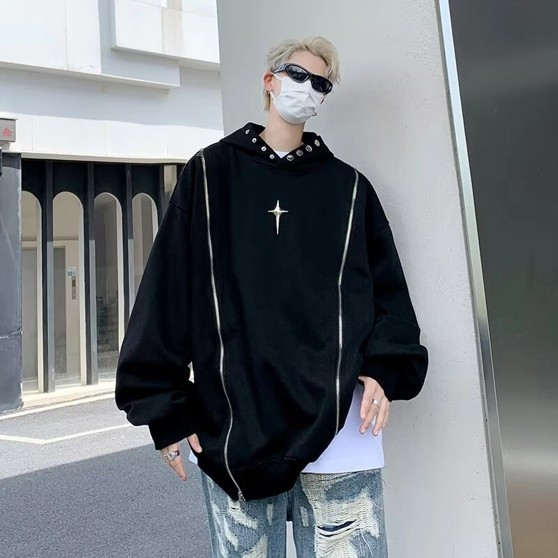 悍戈 美式时尚酷炫双拉链设计感连帽重磅嘻哈风高街感卫衣 男女同款