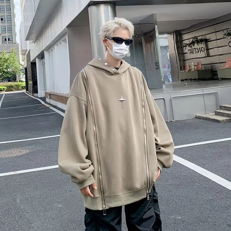 悍戈 美式时尚酷炫双拉链设计感连帽重磅嘻哈风高街感卫衣 男女同款