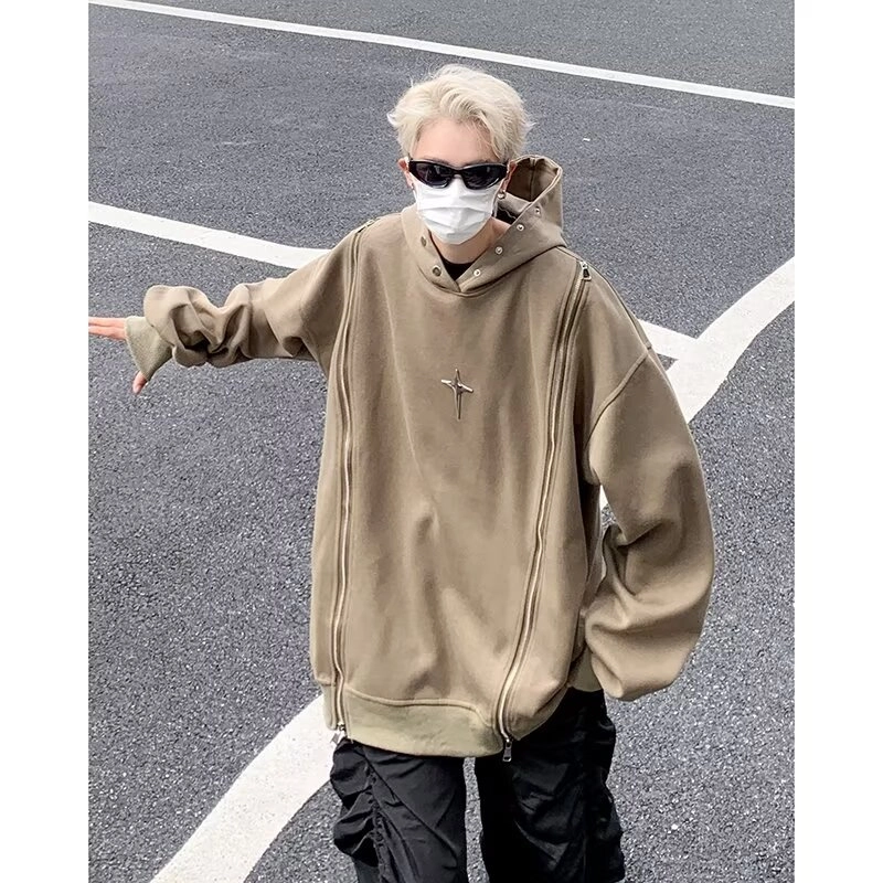 悍戈 美式时尚酷炫双拉链设计感连帽重磅嘻哈风高街感卫衣 男女同款