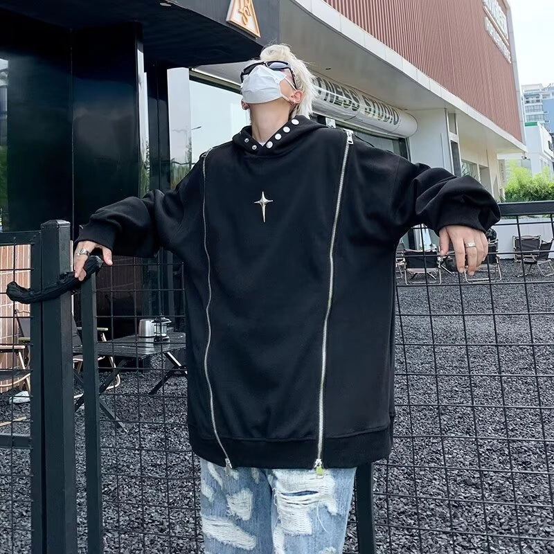 悍戈 美式时尚酷炫双拉链设计感连帽重磅嘻哈风高街感卫衣 男女同款