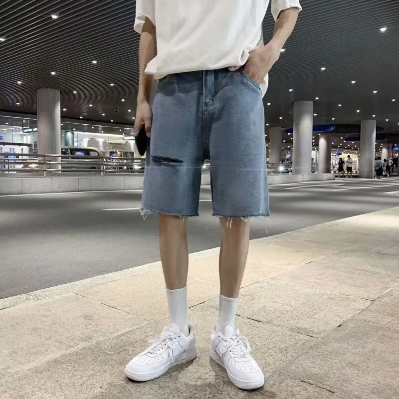 木木兔 美式复古毛边设计感男士高街破洞潮牌休闲时尚百搭宽松五分裤牛仔短裤 男款