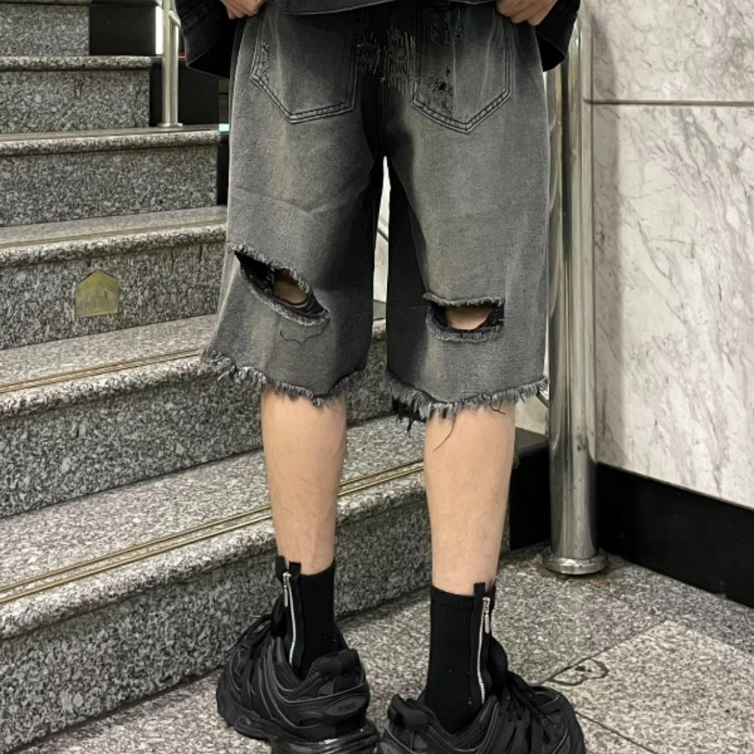 木木兔 美式做旧破洞男士潮牌休闲百搭时尚小众宽松直筒五分裤牛仔短裤 男款