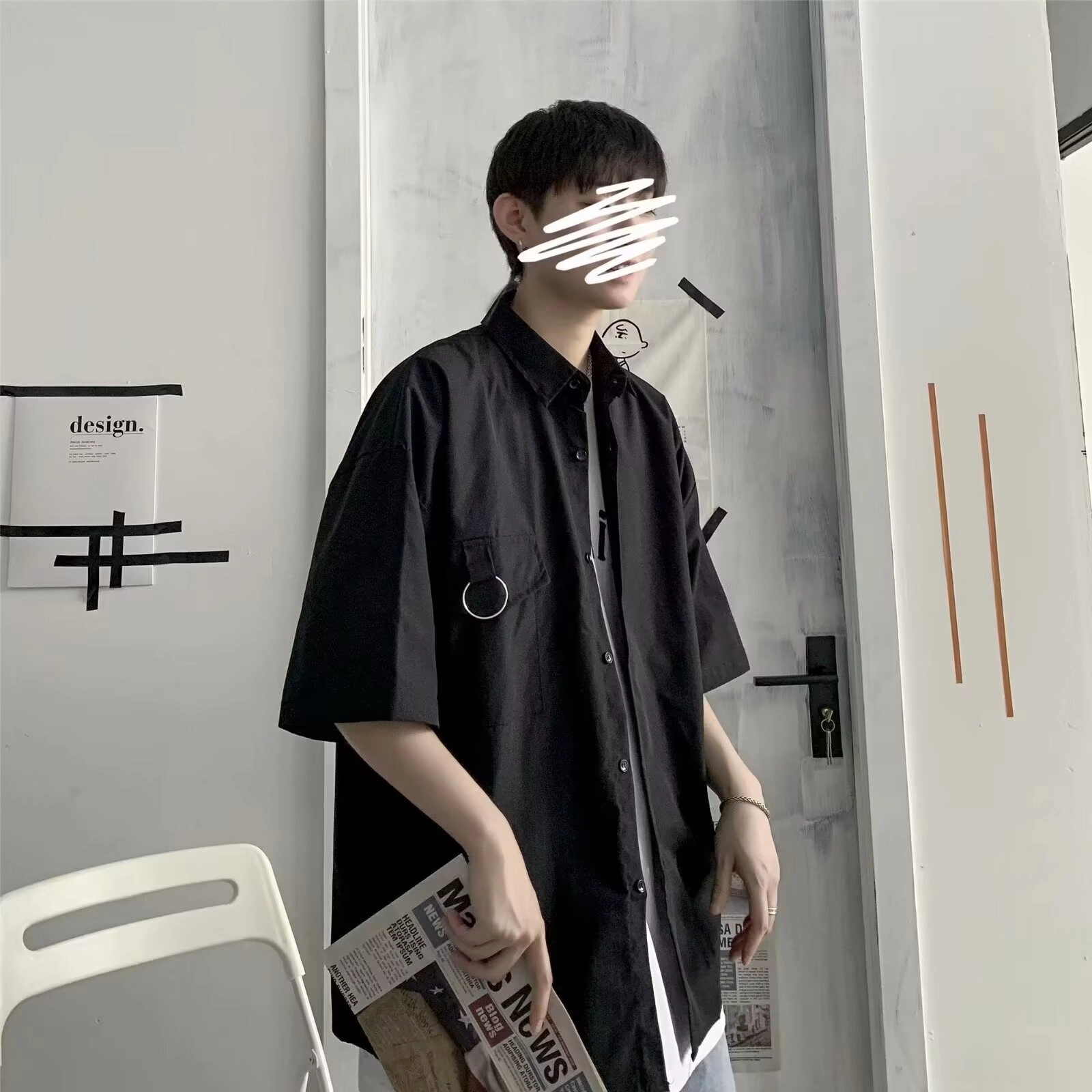 木木兔 百搭韩版学生宽松日系休闲透气时尚简约轻便轻便简约短袖衬衫 男款