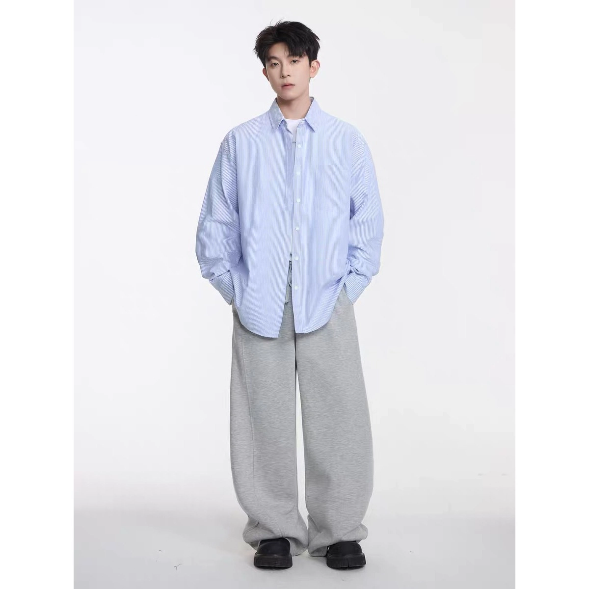 木木兔 复古美式透气条纹简约轻便学生时尚潮流长袖衬衫 男款