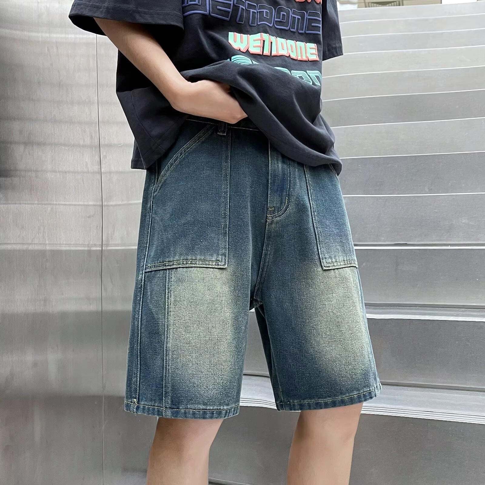 木木兔 美式复古水洗做旧高街潮牌设计感休闲小众时尚百搭宽松五分裤牛仔短裤 男款