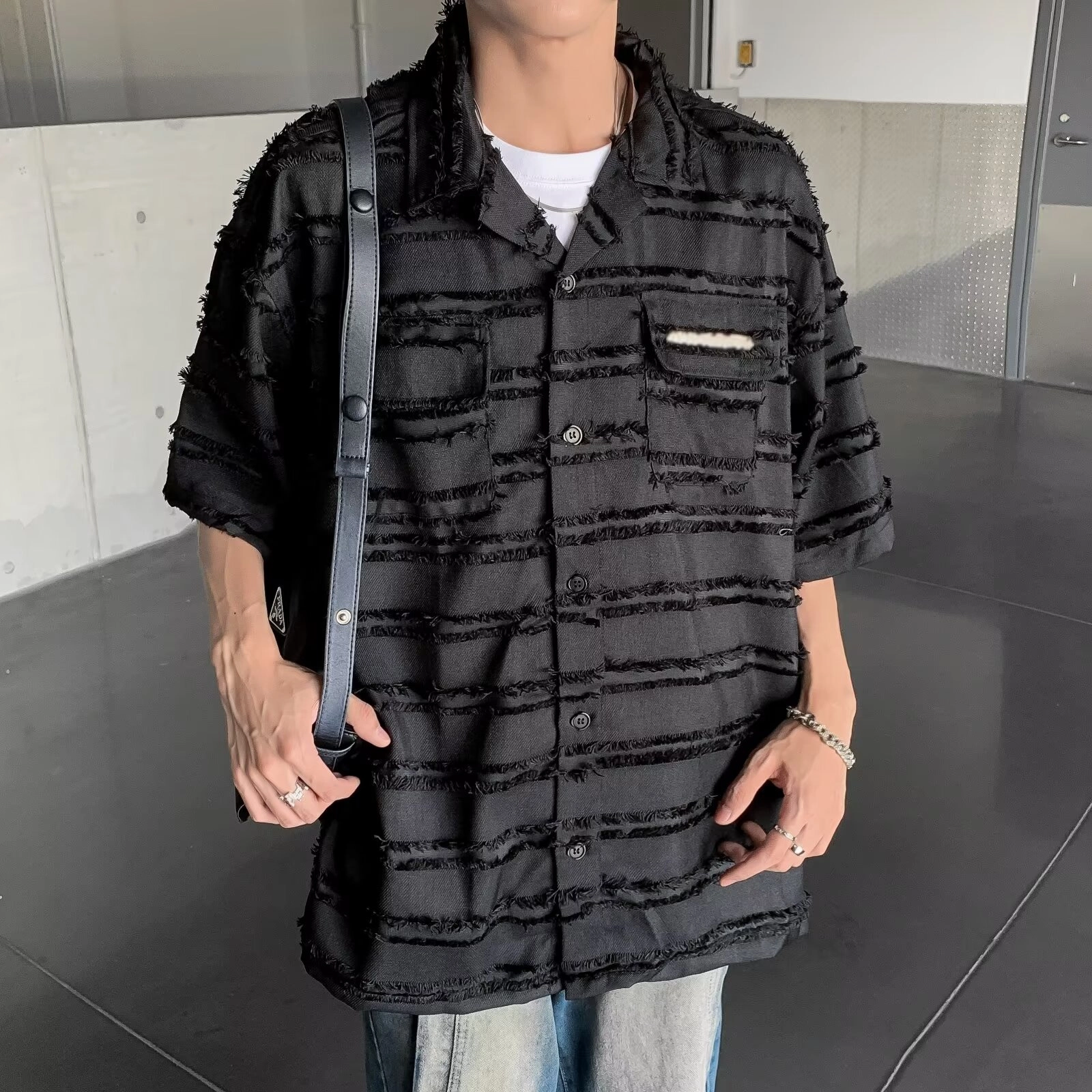 木木兔 复古美式高级感流苏痞帅宽松透气时尚简约轻便时尚潮流翻领短袖衬衫 男款