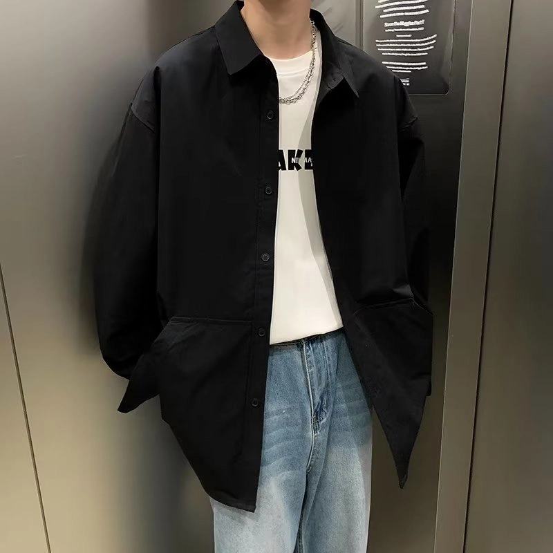 木木兔 复古美式透气立领纯色时尚简约时尚潮流夏季长袖衬衫 男款