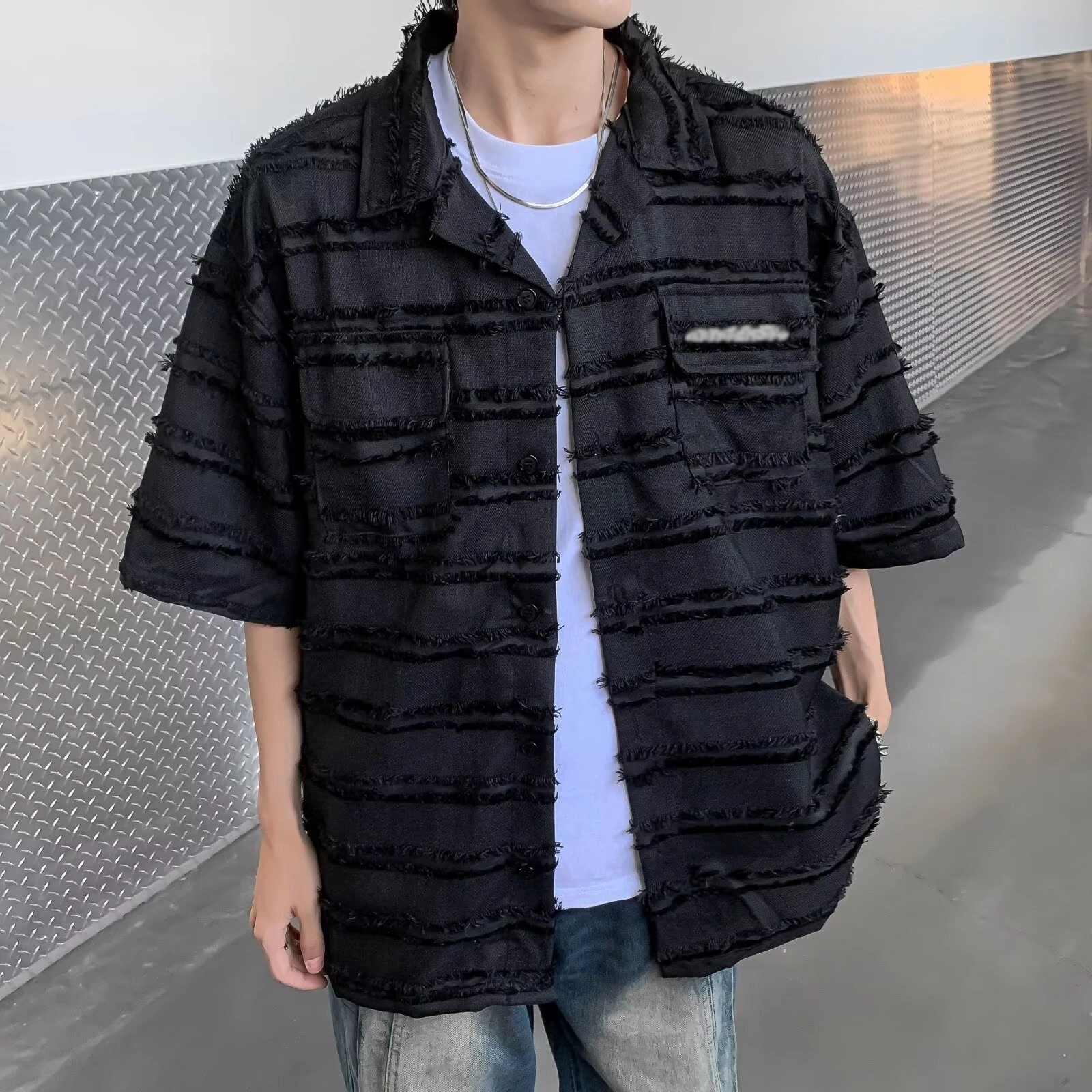 木木兔 复古美式高级感流苏痞帅宽松透气时尚简约轻便时尚潮流翻领短袖衬衫 男款