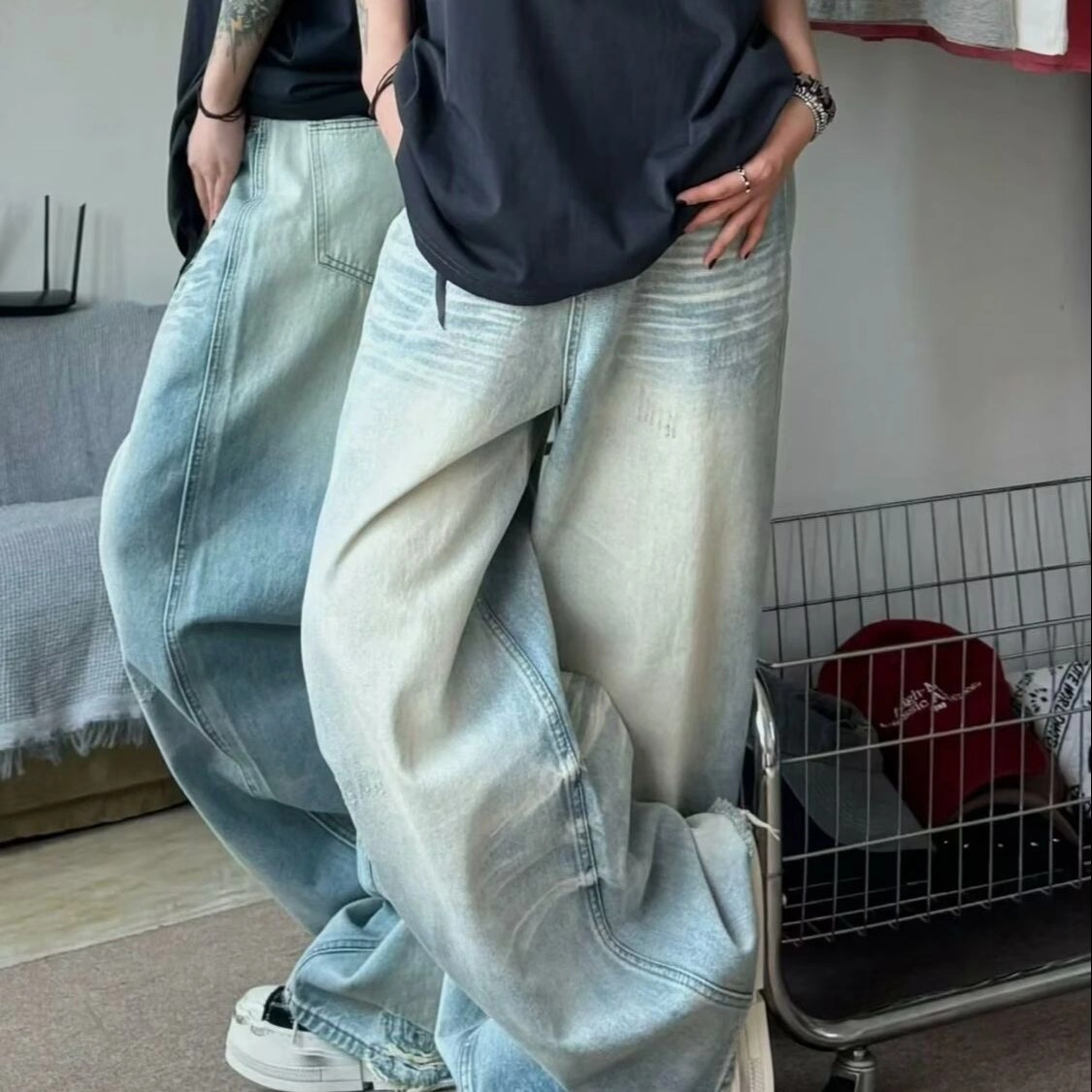 木木兔 高街休闲学生废土风美式复古直筒阔腿欧美痞街牛仔裤 男女同款