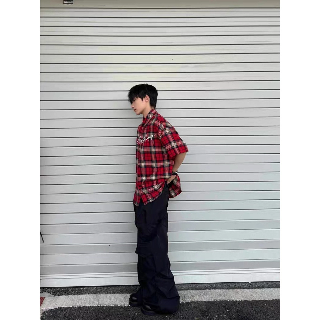 木木兔 复古美式透气时尚简约学生潮流格子短袖衬衫 男款
