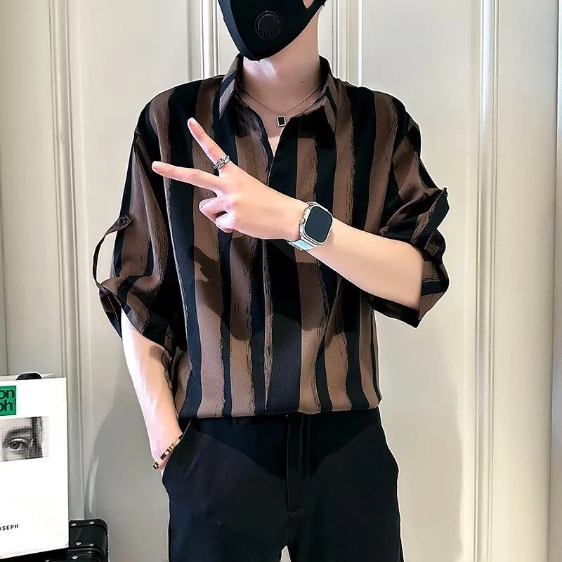 木木兔 百搭简约经典基础款条纹短袖衬衫 男款