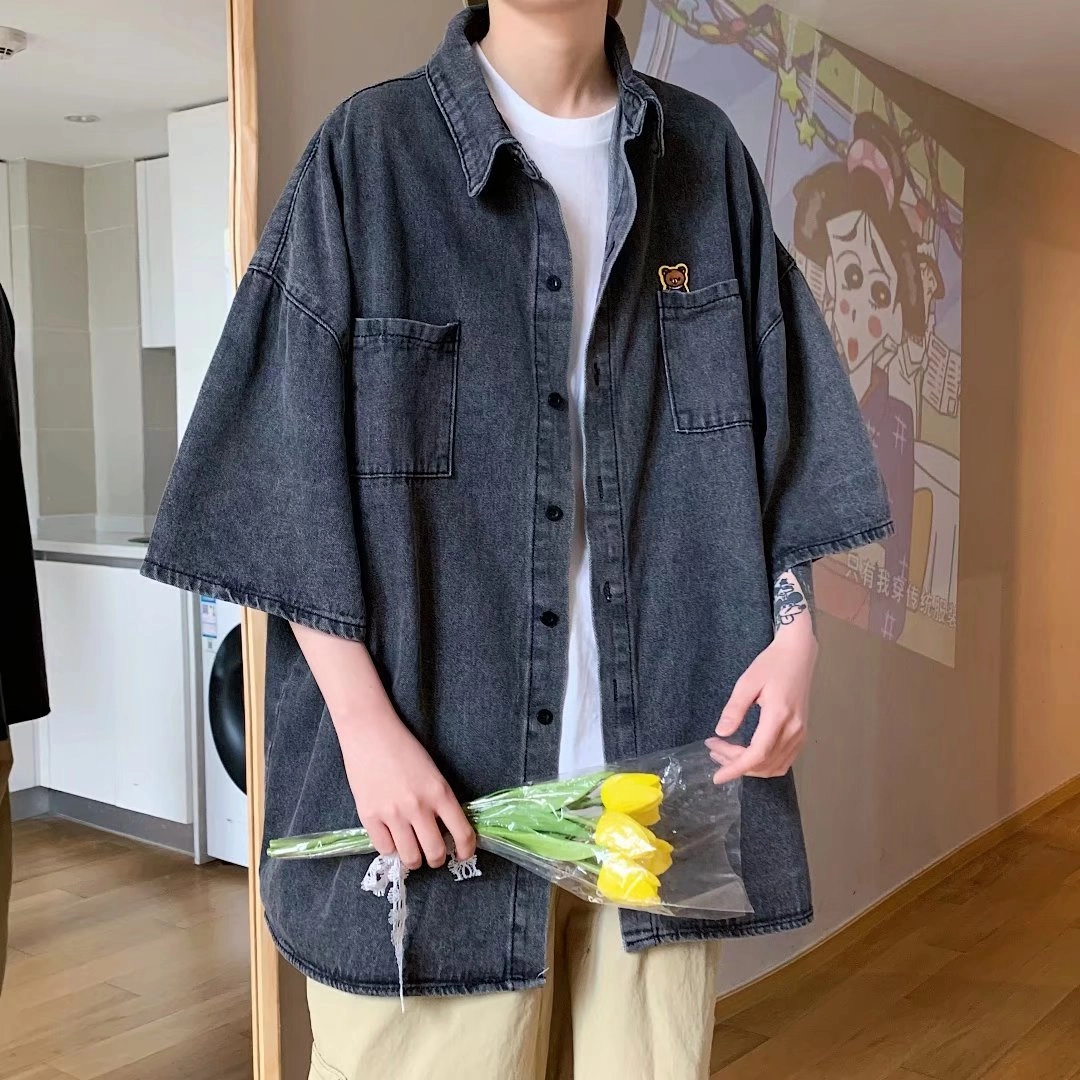 木木兔 百搭港风日系牛仔休闲透气时尚简约轻便轻便简约痞帅短袖衬衫 男款