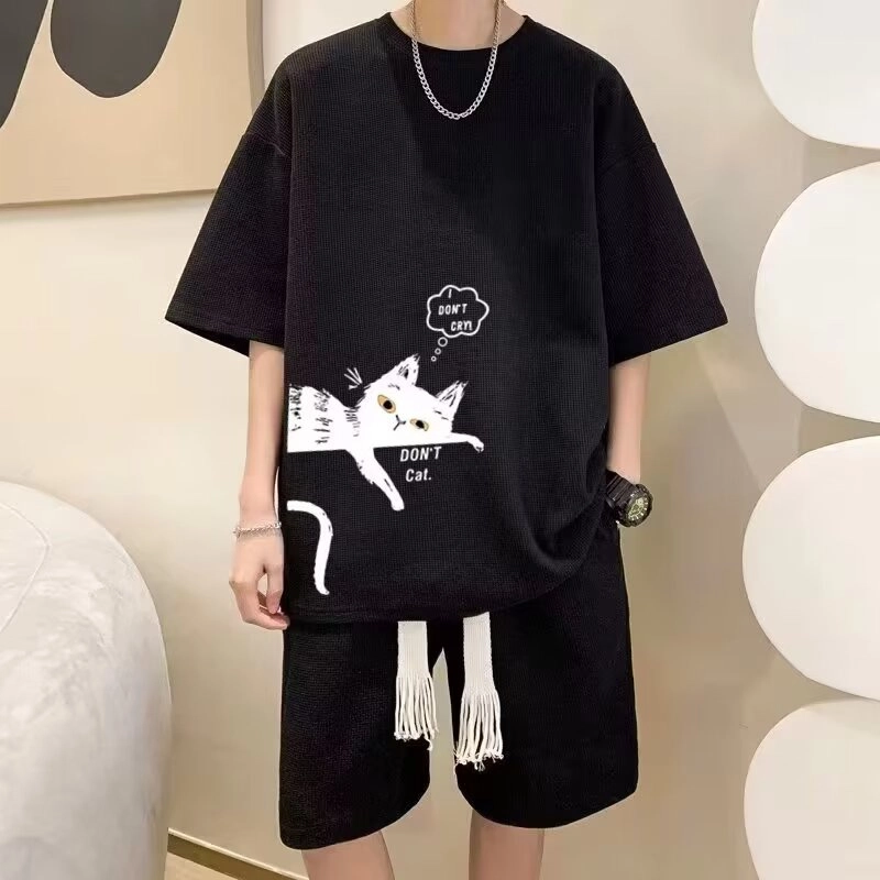 木木兔 舒适印花学生小猫宽松圆领上衣透气华夫格潮流时尚简约轻便裤子休闲运动套装 男款