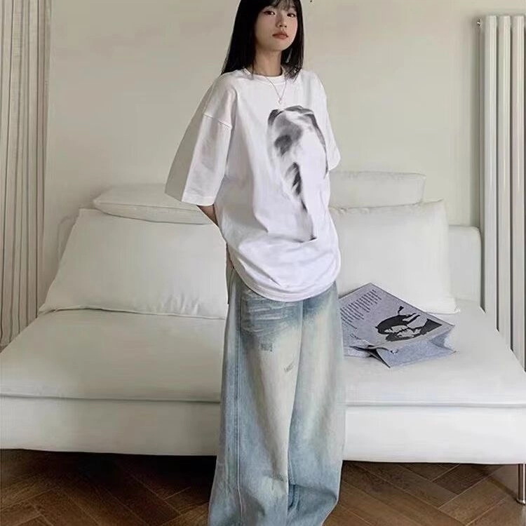 木木兔 高街休闲学生废土风美式复古直筒阔腿欧美痞街牛仔裤 男女同款
