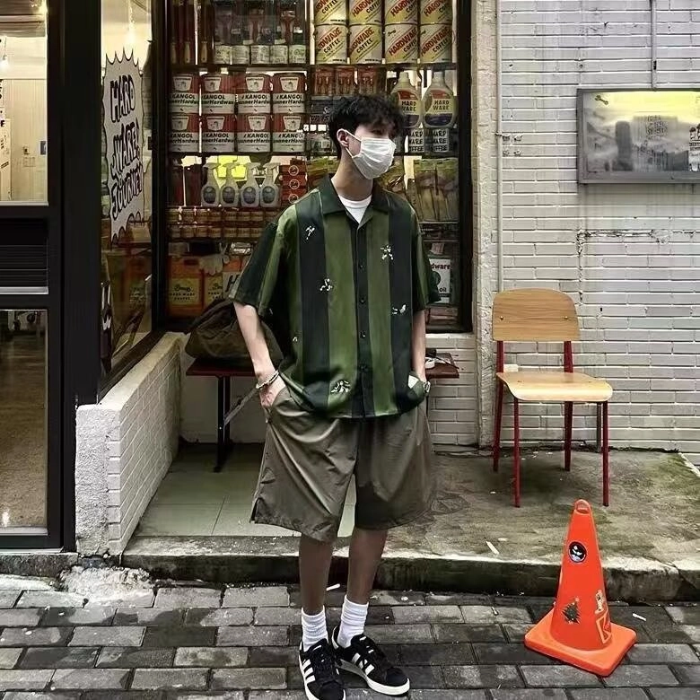 木木兔 复古美式时尚简约轻便透气桑巴个性刺绣凉感条纹短袖衬衫 男款