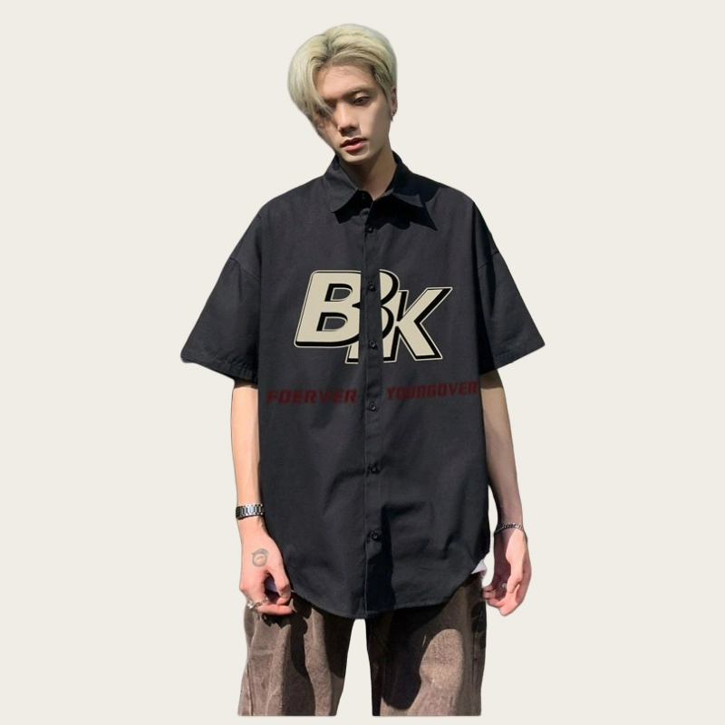 木木兔 百搭简约时尚个性舒适字母短袖衬衫 男款
