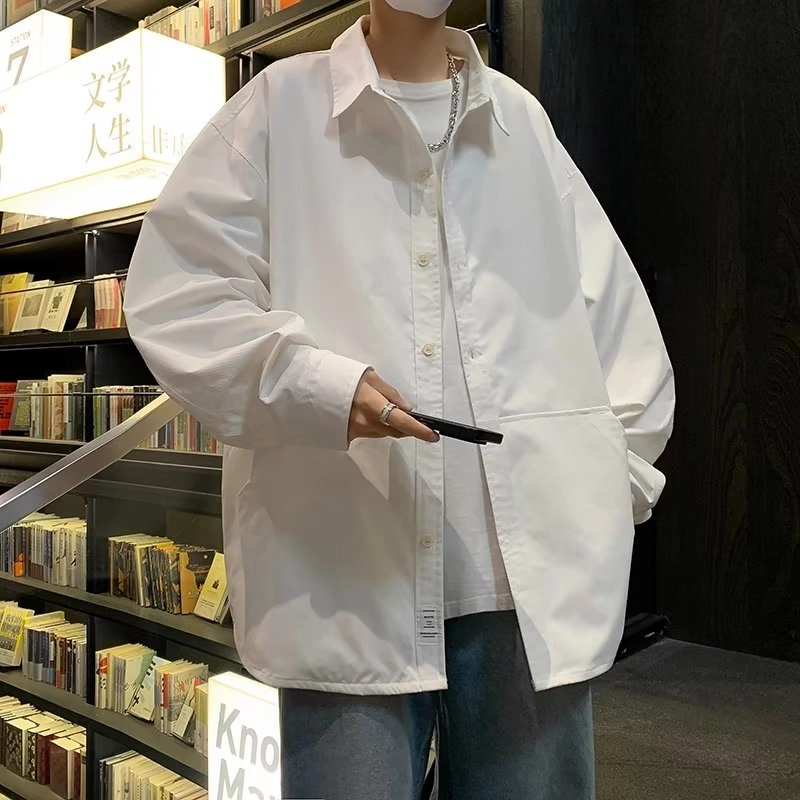 木木兔 复古美式透气立领纯色时尚简约时尚潮流夏季长袖衬衫 男款