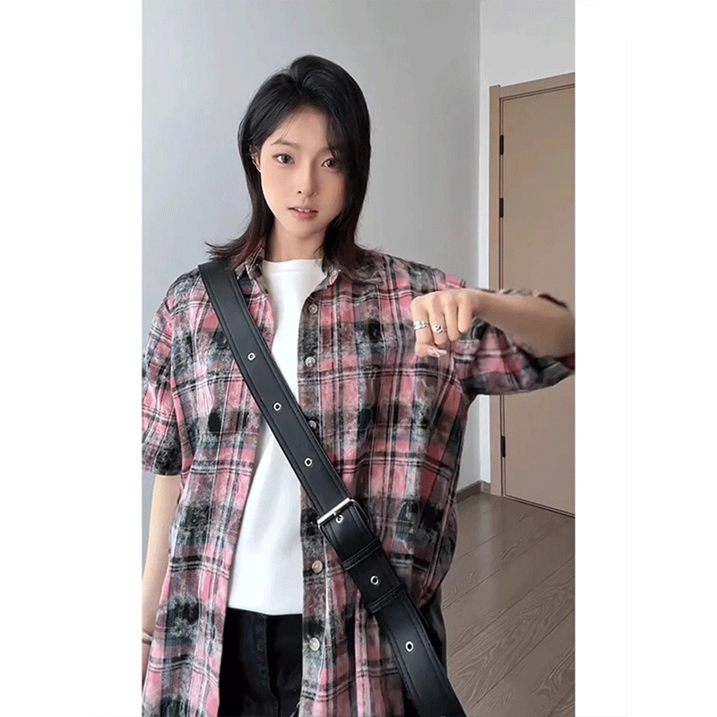 黑马漫画 扎染格子痞帅毛边破坏美式短袖衬衫 男女同款 红色