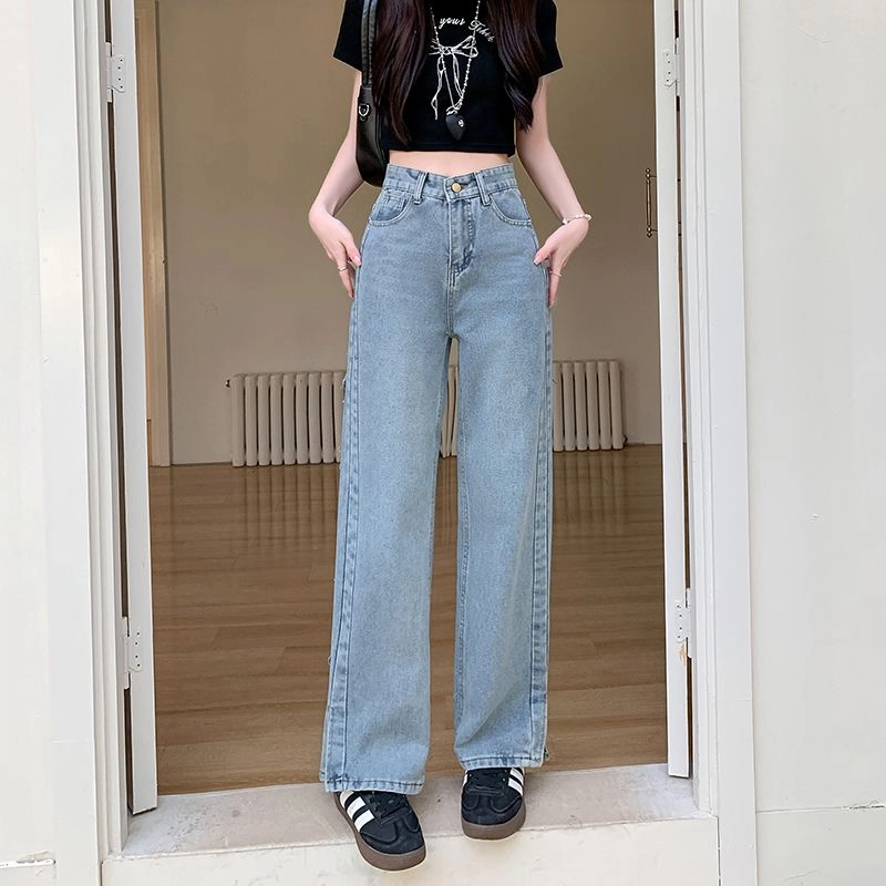 沐晓欣 法式慵懒风美式复古舒适毛边开叉小众设计感高腰垂感宽松显瘦直筒长裤牛仔裤 女款 蓝色