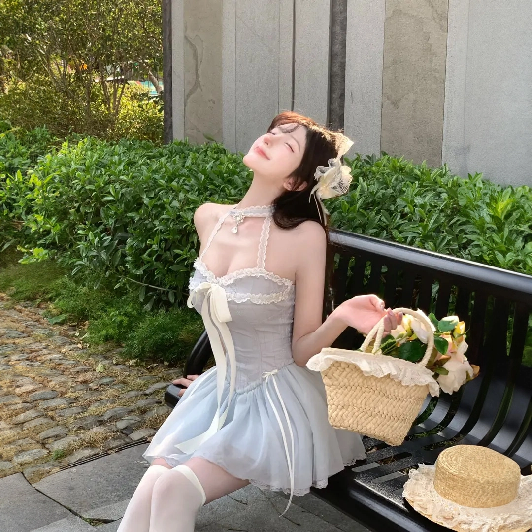 沐晓欣 甜美温柔风可爱仙女风蕾丝小蛋糕短裙收腰感舒适气质优雅吊带连衣裙 女款 蓝色