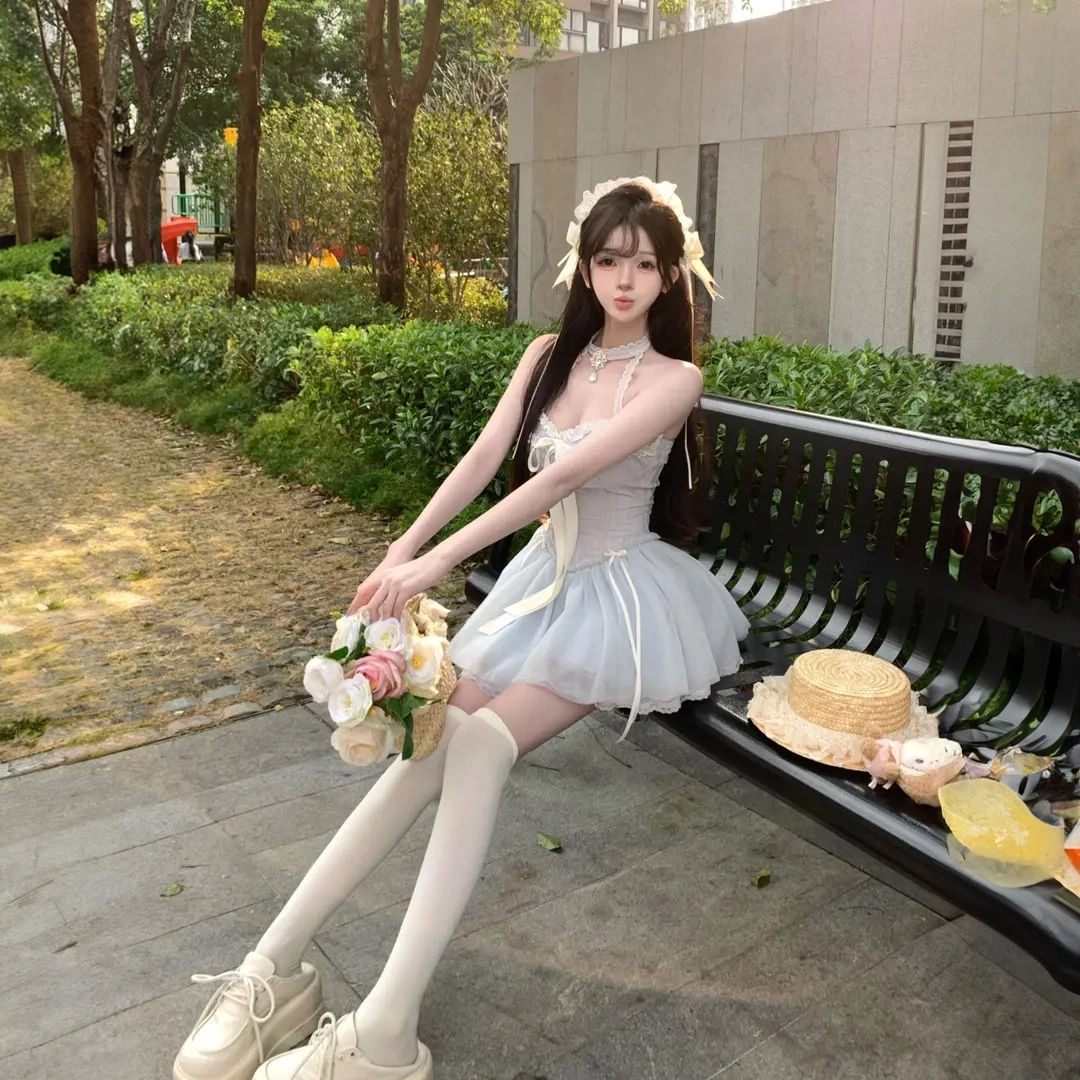沐晓欣 甜美温柔风可爱仙女风蕾丝小蛋糕短裙收腰感舒适气质优雅吊带连衣裙 女款 蓝色