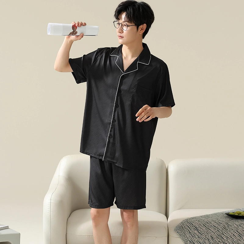 棉基因 丝滑亲肤大码不粘身薄款吸湿排汗凉感舒适透气短袖五分裤休闲家居服简约潮流韩版睡衣套装 男款