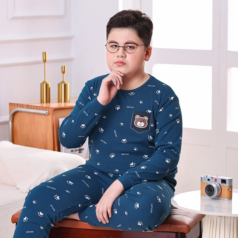 棉基因 胖童特制青少年大码纯棉舒适柔软可爱小熊印花设计保暖套装  男女同款